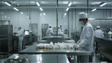 Naklejka premium A spotless, sterile kitchen featuring chefs in white uniforms meticulously preparing food, reflecting precision and professionalism in a controlled environment.