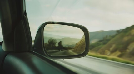Obraz premium Scenic view of a winding road and hills through a car's side mirror, evoking a sense of journey and nostalgia.
