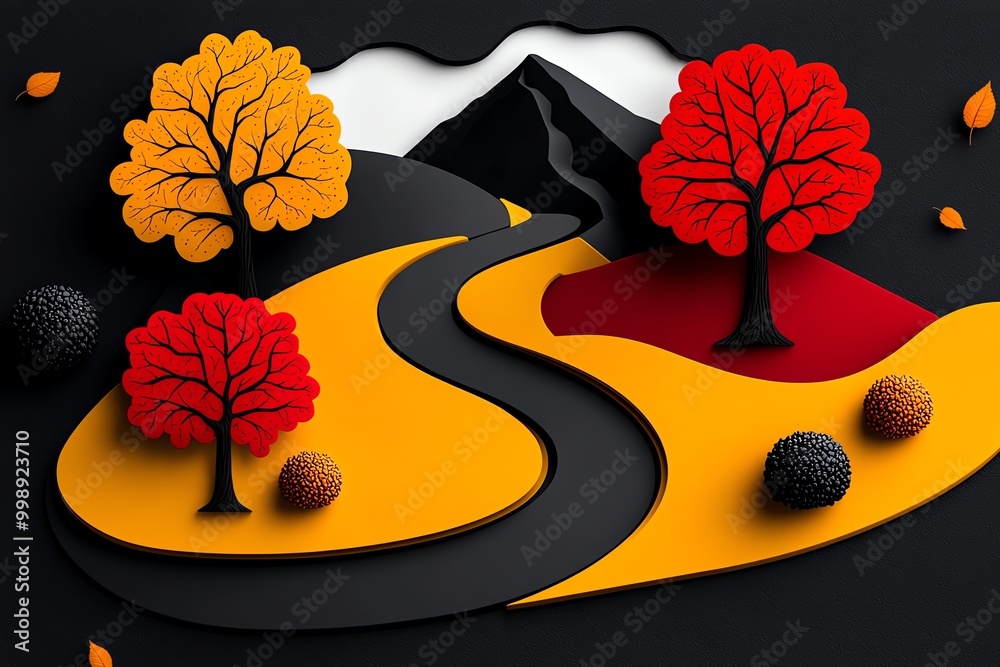 Fototapete minimal autumn trail design, showing a winding path through trees represented by abstract shapes in 