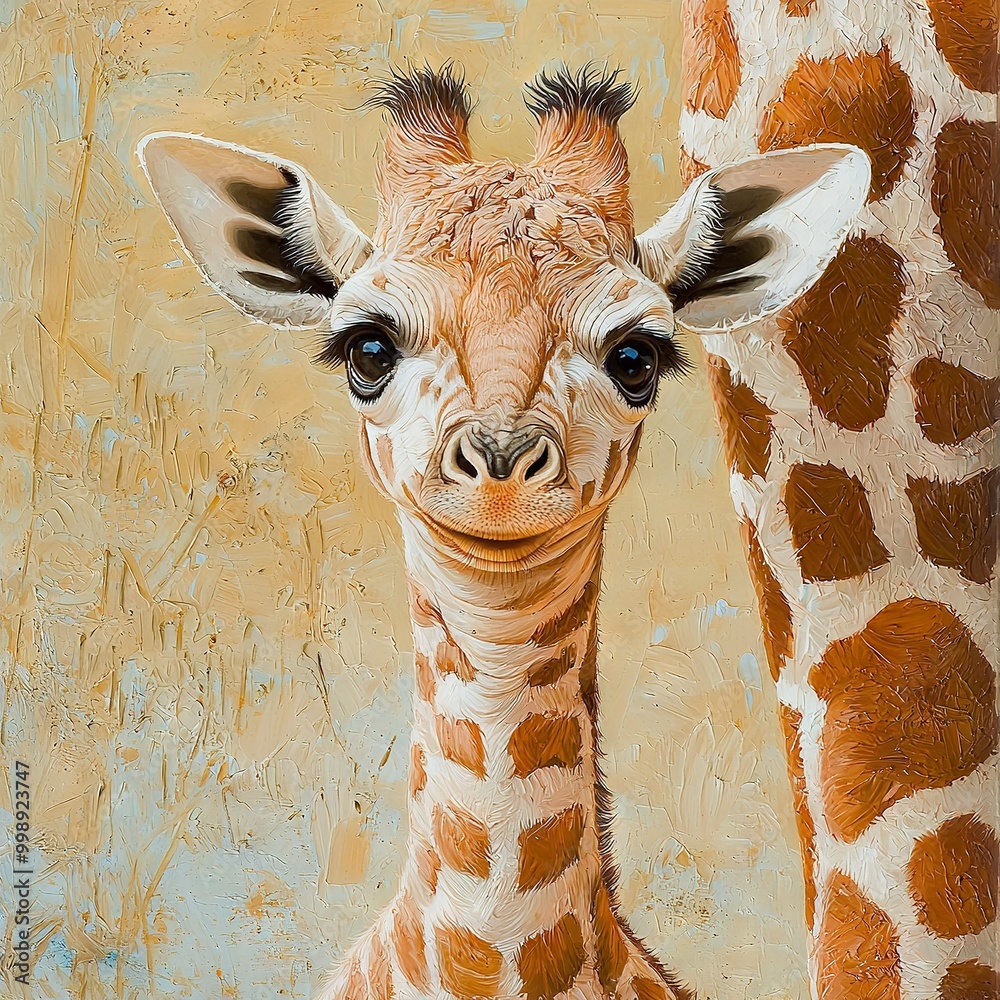 Canvas Prints   A painting of a giraffe with a baby giraffe standing next to its head, in front of a wall