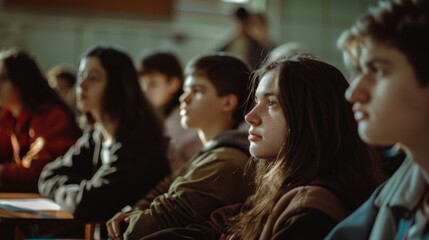 Fototapeta premium Students attentively listening in a classroom setting, with one student highlighted in the foreground, reflecting focus and engagement in a learning environment.