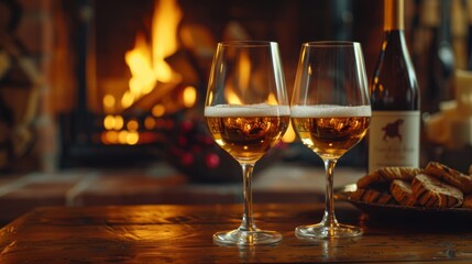 Two glasses of sparkling white wine placed on a wooden table in a cozy setting with a fireplace and a bottle of wine in the background