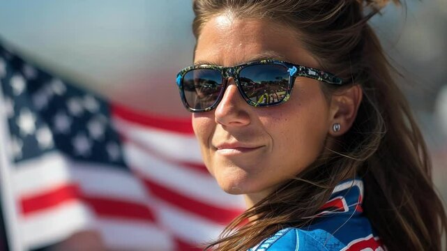 Young woman smiles in stylish sunglasses with a blurred american flag in the background, exuding confidence and happiness