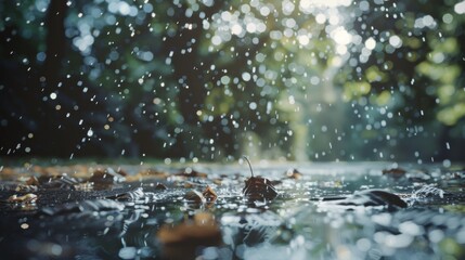 Raindrops create ripples on a water surface, surrounded by fallen leaves. The background is blurred, highlighting the rain's dynamic beauty and tranquility.