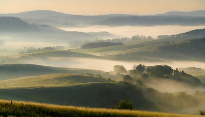 Rolling Hills Covered in Mist During Early Morning, Creating a Dreamy Landscape