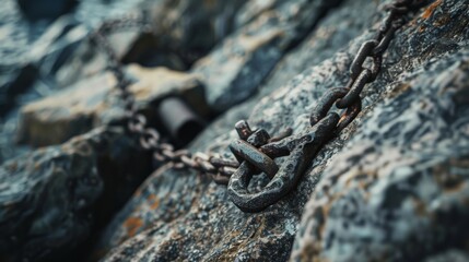 A rusted chain and hook embedded into rocky terrain, indicating the passage of time and outdoor work.