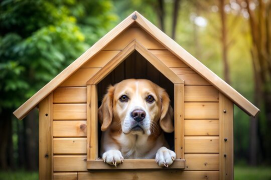 Dog looking out of doghouse surrounded by green trees