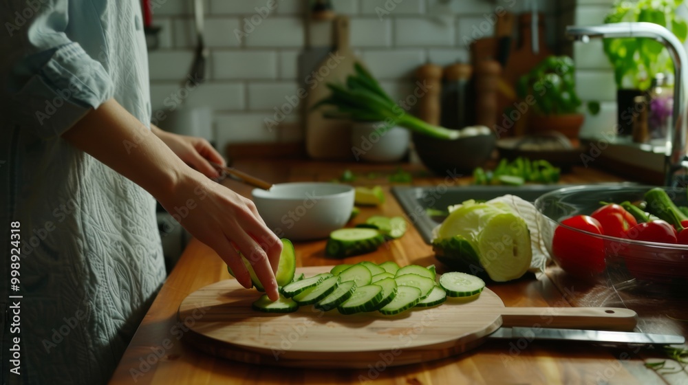 Wall mural Hands slicing cucumber on a wooden board in a cozy, well-stocked kitchen, with an array of vibrant veggies and a sink in the background.