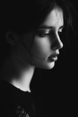 A side profile of a woman with a soft expression showcases delicate features, captured in subdued lighting for effect.