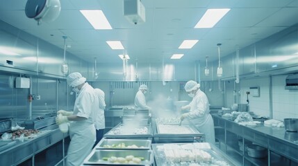 Stainless steel commercial kitchen bustling with chefs at work, highlighting cleanliness, organization, and professional culinary activities.