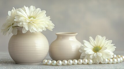   A pair of vases rest atop a table, adorned with a white beaded necklace beside them