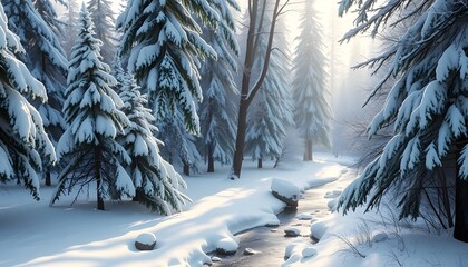A magical winter scene featuring snow-covered pine trees in a quiet forest. The soft snow glistens in the pale sunlight, Generative ai