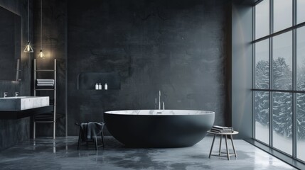 A luxurious black and white bathroom with a large freestanding tub, ample natural light from floor-to-ceiling windows, and a snowy outdoors view.