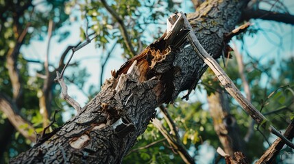 A close-up of a tree with rough, splintered bark, showing signs of being recently broken amidst a bright and sunny day.