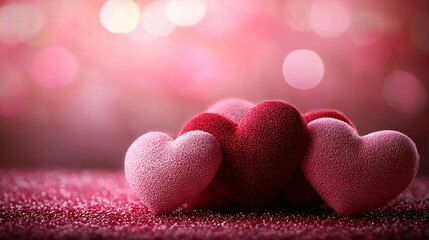 Obraz premium A couple of pink hearts resting atop a pink rug against a pink and red backdrop with a hazy, soft light surrounding it