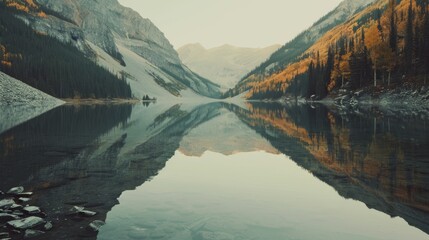 Fototapeta premium Crystal clear alpine waters perfectly mirror the rugged mountain landscape and colorful autumn forest under a clear sky.
