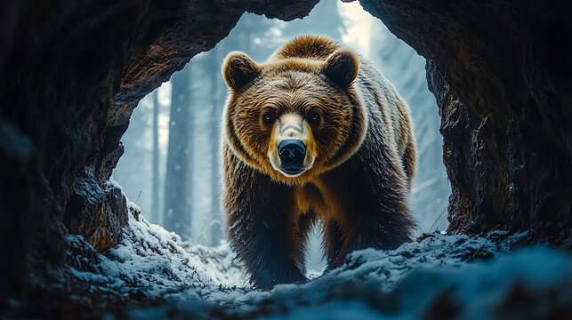 A brown bear emerges from a cave in a snowy forest, looking directly at the viewer.