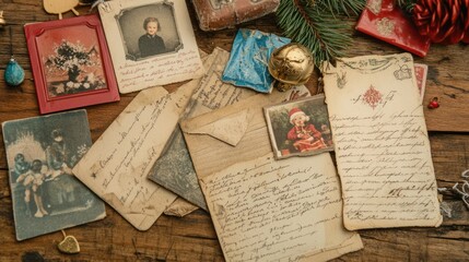 Vintage Letters, Photos, and Ornaments on Wooden Surface