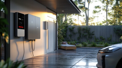 Concept of a home battery packs alternative electric energy storage system at modern home garage wall as backup or sustainable energy concepts