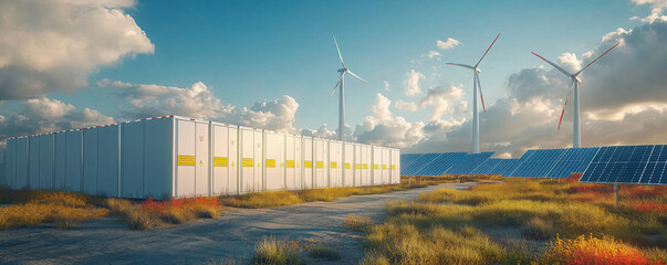 Concept of energy storage batteries system, wind power, wind turbines and Li-ion battery container, and solar panels in the background. Panoramic view with copy space