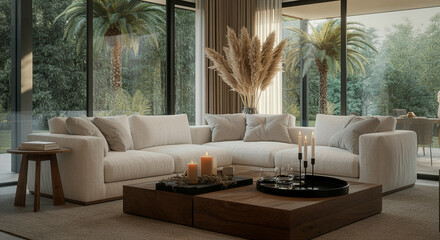 Living room modern interior with home decor natural elements and stylish furniture in bright setting