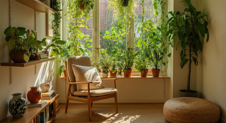 Fototapeta premium Chair in a sunlit room with indoor plants and home decor elements showcasing a cozy and inviting atmosphere