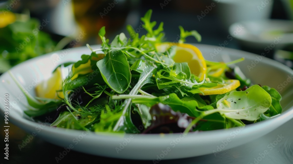 Sticker A leafy green salad with fresh cucumber slices and fennel, beautifully presented in a textured ceramic bowl, highlighting simple yet elegant cuisine.