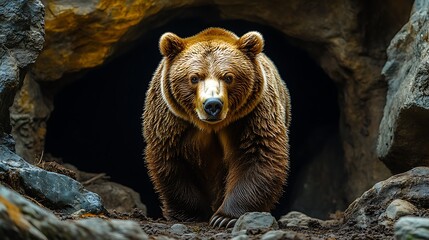 A large brown bear emerges from a cave, looking directly at the camera.
