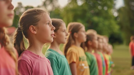 Naklejka premium A group of children stand in alignment, looking attentive under soft daylight, dressed in colorful shirts, amidst a lush green outdoor setting.