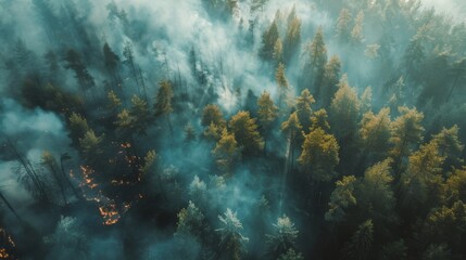 Fototapeta premium An aerial view of a vibrant forest with plumes of smoke rising, highlighting the destructive impact of a wildfire engulfing the lush greenery.
