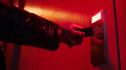 Obraz premium A keycard being used to access a secure door, illuminated by a red light, symbolizing modern security technology.