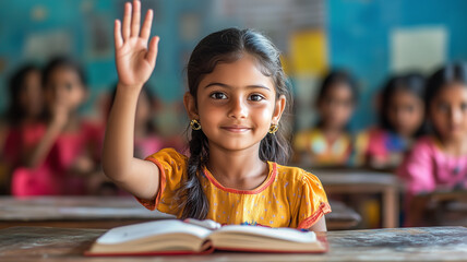 A young girl in a classroom, confidently raising her hand with a book open in front of her, highlighting the power of education in shaping the future of girls globally.
