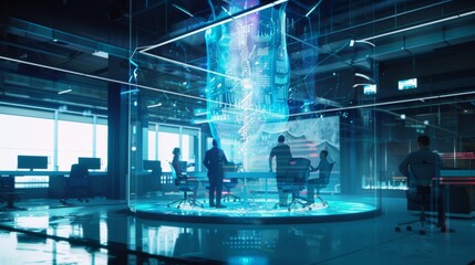 Fototapeta premium Inside a futuristic lab, scientists collaborate around a high-tech holographic display, surrounded by advanced equipment.