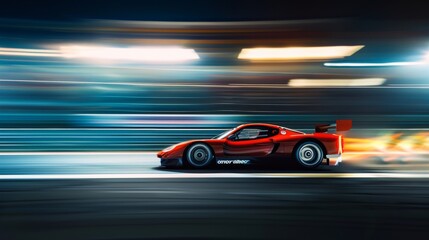 Obraz premium A red race car zips down a track at night, lights blurred in the background conveying immense speed and adrenaline in the world of motorsports.