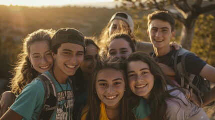 Obraz premium A group of smiling teenagers with backpacks, enjoying a sunset hike, capturing the essence of youth, adventure, and the beauty of the golden hour.