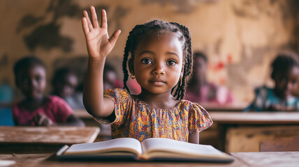 A young girl in a classroom, confidently raising her hand with a book open in front of her, highlighting the power of education in shaping the future of girls globally.