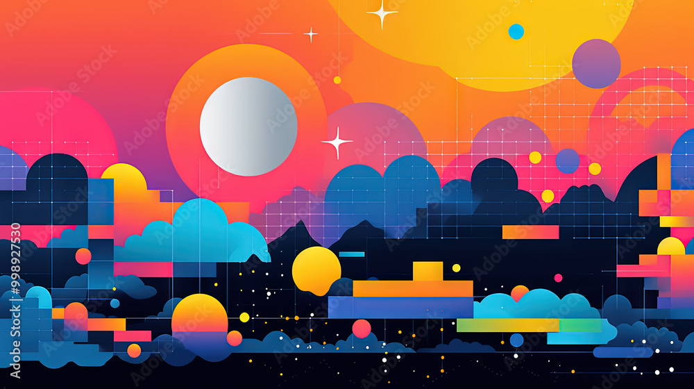 Poster abstract background with geometric shapes in retro minimalistic style with bright colors