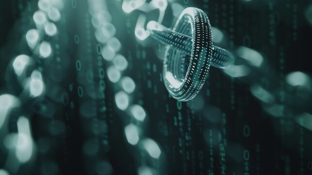 Abstract digital art with a futuristic feel, displaying binary codes and interconnected luminous rings in a cybernetic environment.