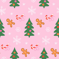 Christmas pattern with holiday items, seamless background for holiday gifts, packaging and textiles.