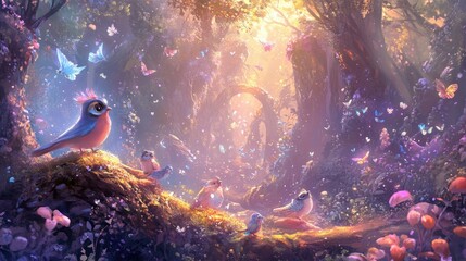 Enchanting Forest with Birds, Butterflies, and Flowers