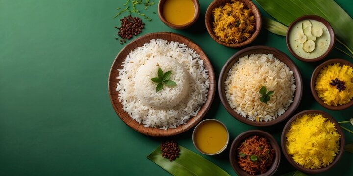 Authentic Indian Meal Featuring Fluffy White Basmati Rice, Hard-Boiled Eggs in a Vibrant Green Curry, Golden Turmeric Powder, and Wheat Stalks, Arranged Artistically on a Green Surface