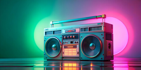 Retro boombox in bright 80s colors, set against a neon-lit background of pastel greens and pinks, with ample copy space for text