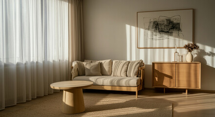 Sofa in cozy living room with warm natural light and minimal decor