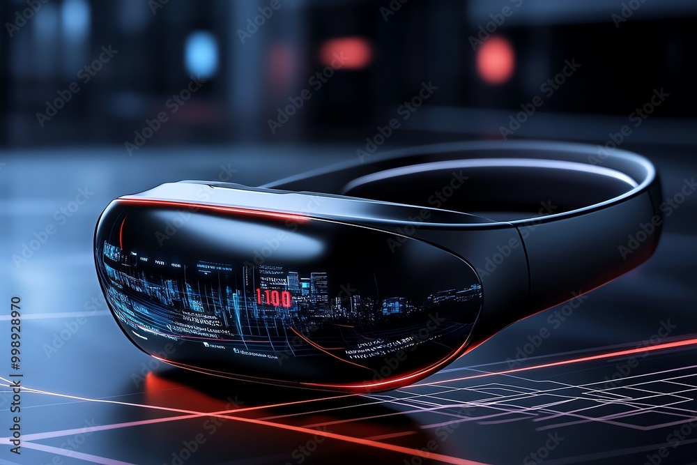 Poster Minimal design of an AR headset, showing sleek lines representing the device overlaying digital information on a real-world scene