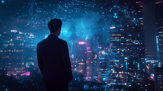 Metaverse crypto currency technology concept, Professional business man with blockchain network on futuristic city at night background in Bangkok, Thailand