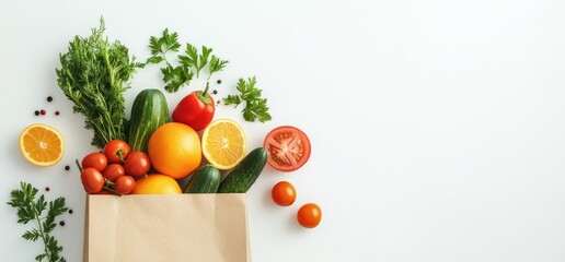 Fresh Fruits and Vegetables in a Paper Bag on a White Background, Representing Healthy Eating and Food Delivery Services with Ample Space for Text.