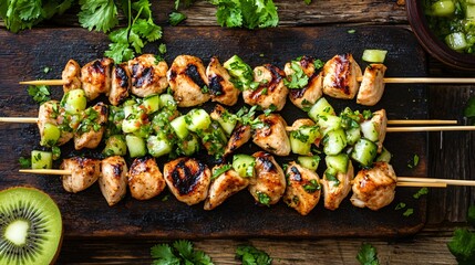 Grilled chicken skewers with kiwi salsa, served on a rustic wooden board background