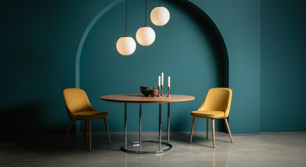 Dining table with brown chairs in a modern teal dining room featuring elegant lighting and minimalist design