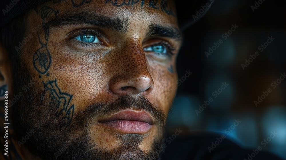 Wall mural Intense Gaze: A Close-Up Portrait of a Man with Tattoos and Blue Eyes