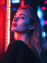 Woman gazing at neon lights in urban setting during nighttime